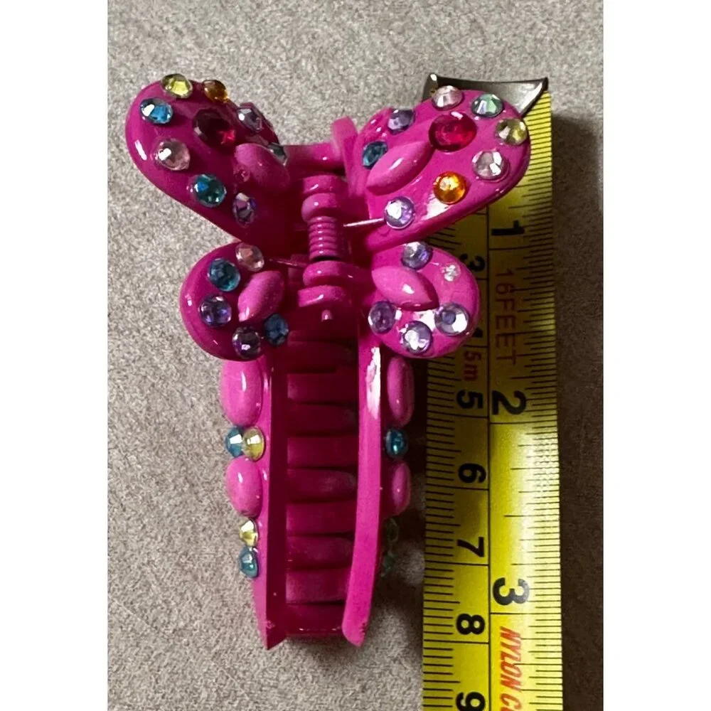 Bright Pink multi-colored bejeweled thick‎ plastic butterfly hair clip 3.5” long